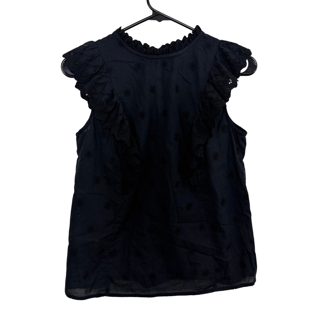 Boden Top Womens Size 6 Black Eyelet Ruffle Trim Embroidered Cotton Blouse